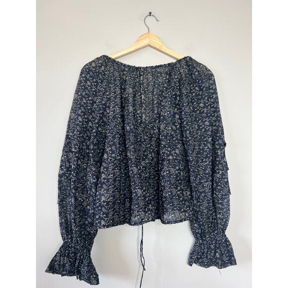 NWT Ulla Johnson Cora Puff-Sleeve Tie Layered Boat Neck Blouse Navy Blue Size: 2 - Picture 7 of 8